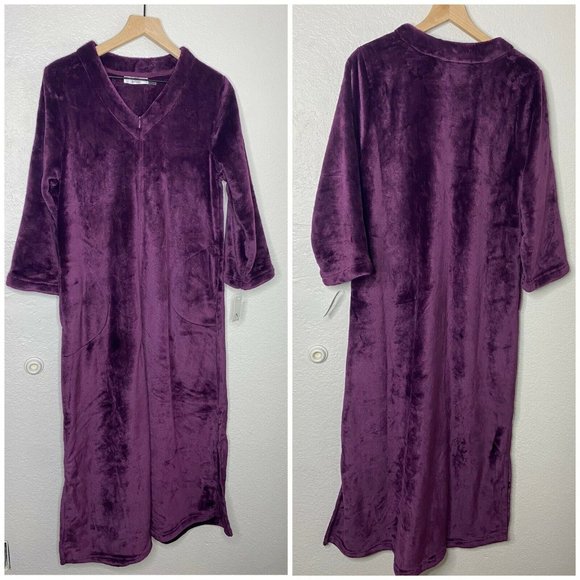 Natori Women Cashmere Fleece Zip Caftan Extra Small XS Plum Purple Zipper Robe - Picture 3 of 12